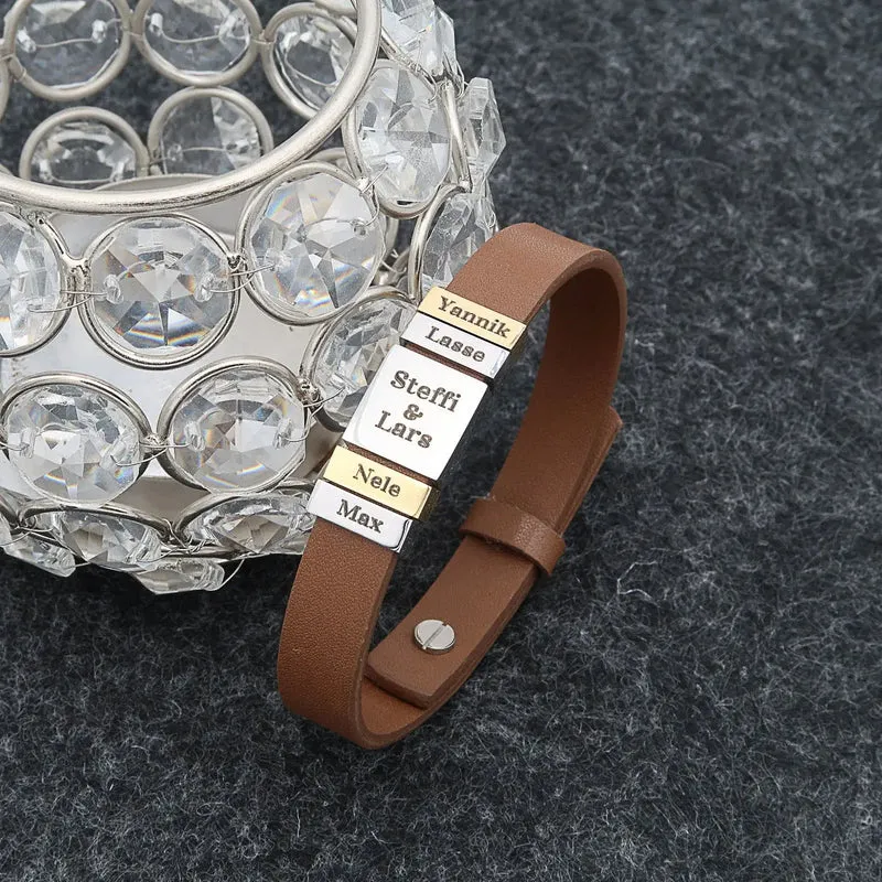 Lederarmband gravierte Namen auf Beads jeder Name auf dem Armband. "Family" für Mama personalisiert