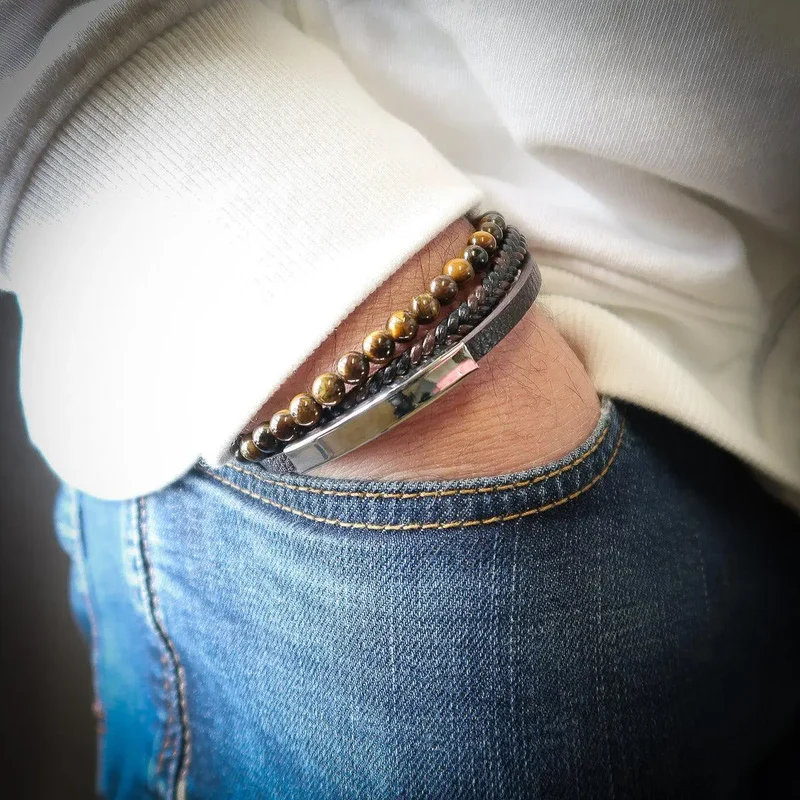 Armband Personalisierte Gravur "Leather & Stone" mit kostenloser Gravur Name oder Spruch