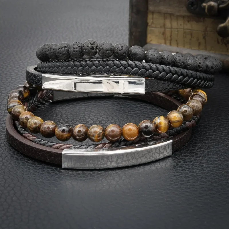 Armband Personalisierte Gravur "Leather & Stone" mit kostenloser Gravur Name oder Spruch