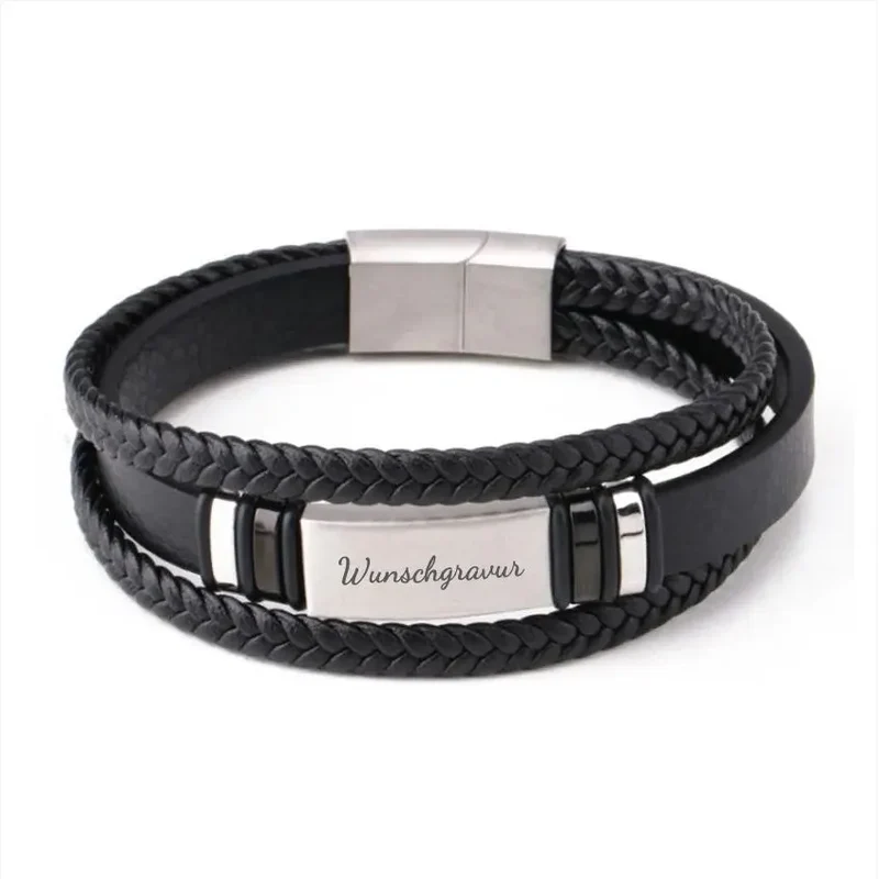 Schwarzes Lederarmband Gravur personalisiert "Leather & Plate" mit Gravur