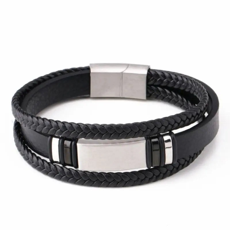 Schwarzes Lederarmband Gravur personalisiert "Leather & Plate" mit Gravur