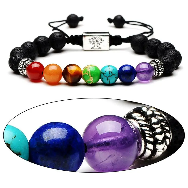 Yoga Perlen-Armband aus Lavastein mit 7 farbigen Chakra Naturstein Perlen für positive Energie