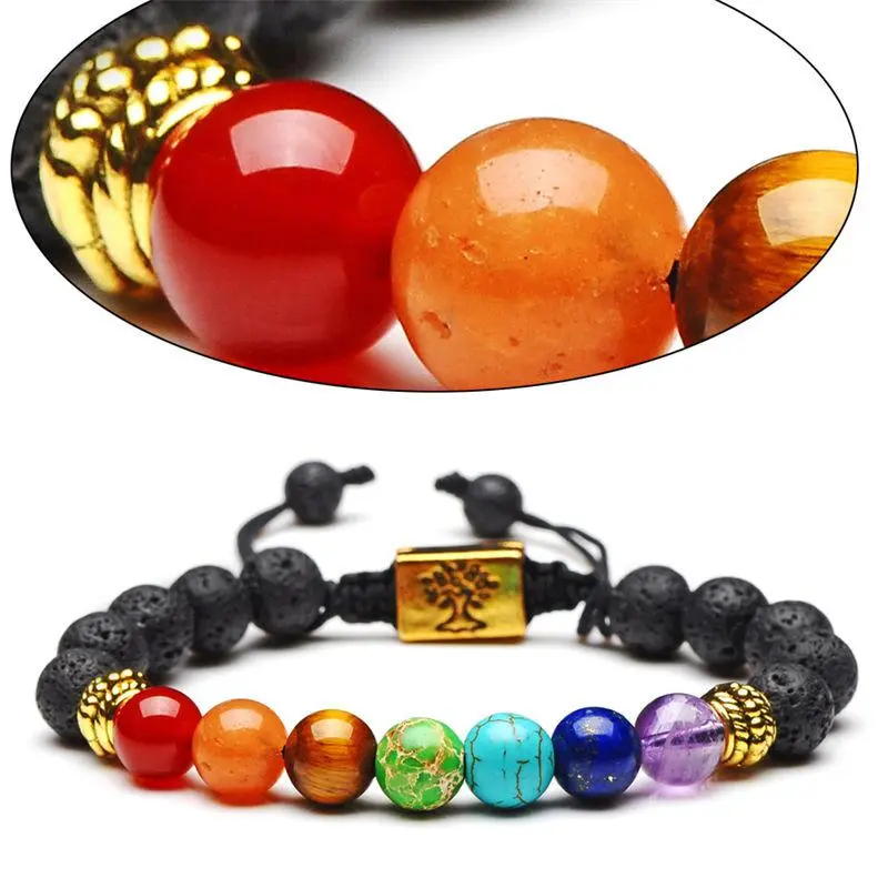 Yoga Perlen-Armband aus Lavastein mit 7 farbigen Chakra Naturstein Perlen für positive Energie