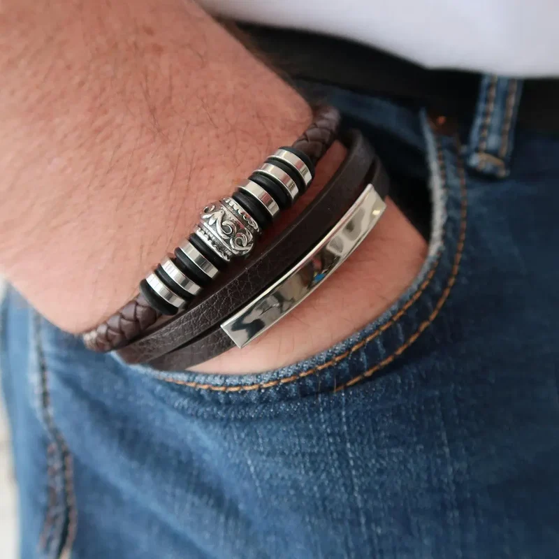 Herrenarmband mit Gravur und Personalisiert Leder "Trio Ornament" Gravur von Name inklusive