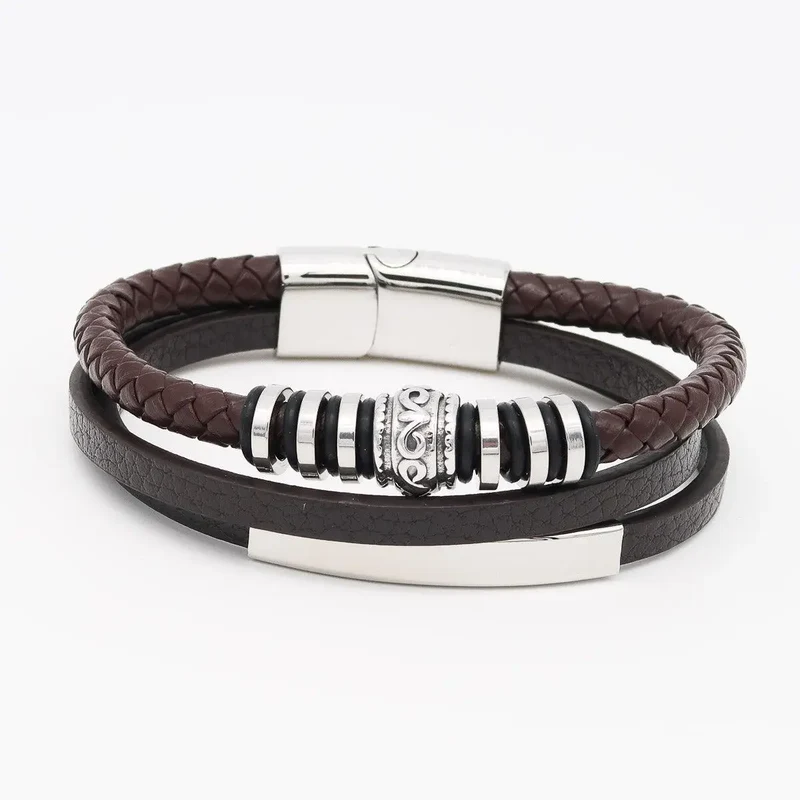 Herrenarmband mit Gravur und Personalisiert Leder "Trio Ornament" Gravur von Name inklusive