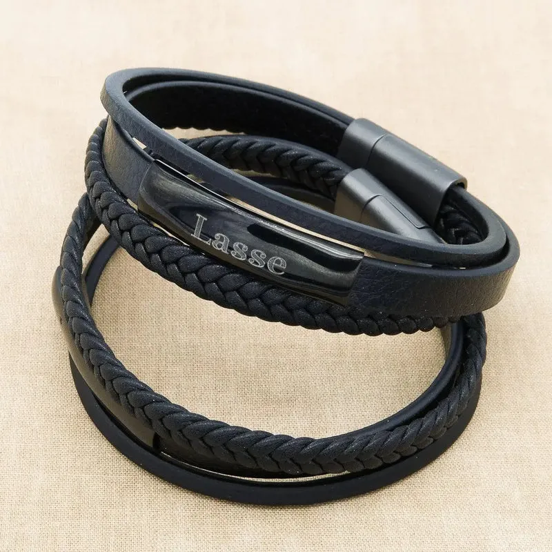 Schwarzes Herrenarmband Leder "Trio" mit kostenloser Gravur