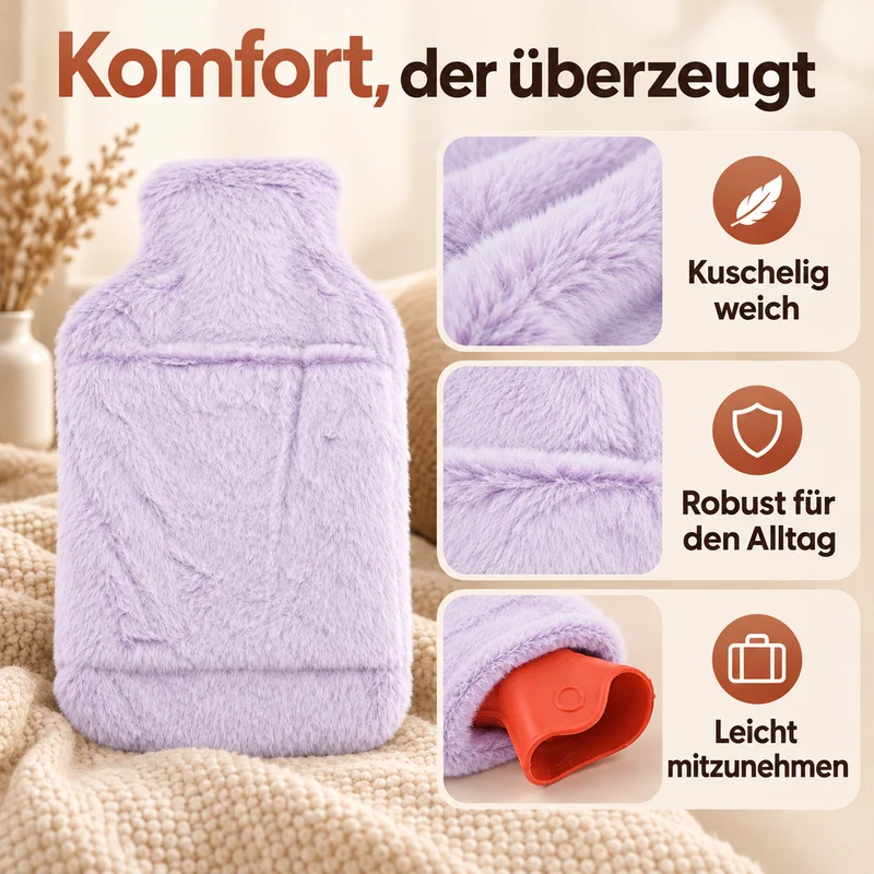 hotwater bag capacity:2 L size 21*36 Weight:390g matrial: synthetic fur colour:lavender