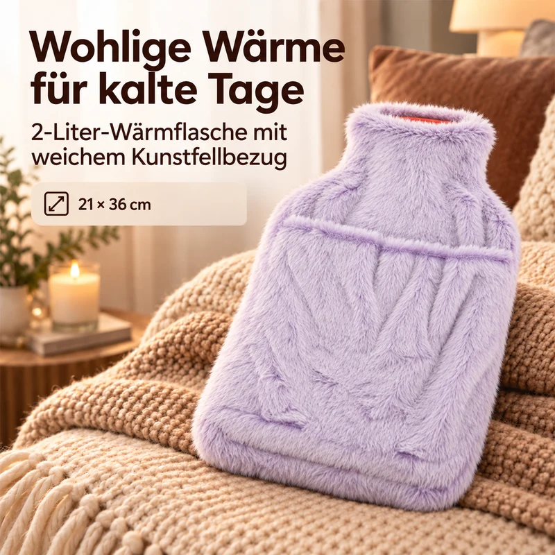 hotwater bag capacity:2 L size 21*36 Weight:390g matrial: synthetic fur colour:lavender