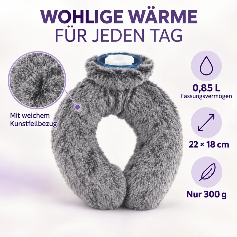 hotwater bag capacity:0.85L size 22*18 Weight:300g matrial: synthetic fur colour:dark grey