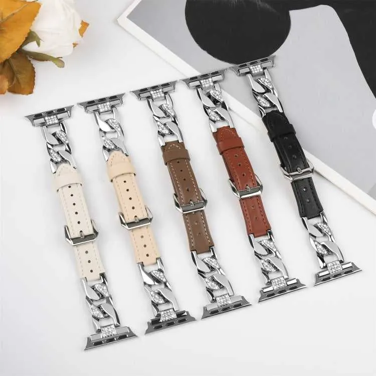 Lederarmband mit Strass-Kette für Apple Watch Series 8 | 7 | SE 2022