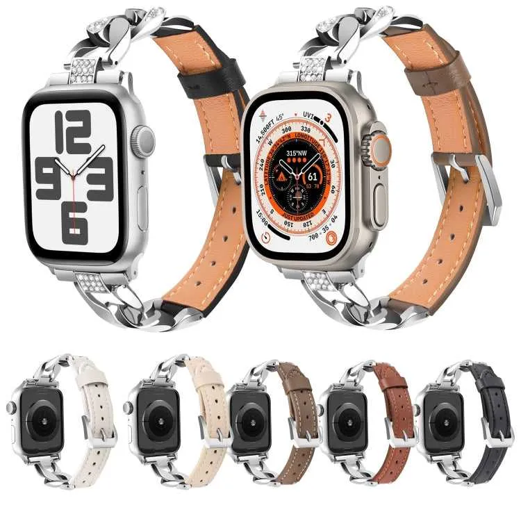 Lederarmband mit Strass-Kette für Apple Watch Series Ultra | 9 | SE 2023