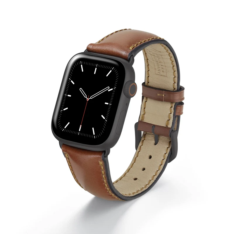 Apple Watch 1-9 Uhrenarmband Solstice von Happel, Shell Cordovan Leder, handgefertigt, Cognac