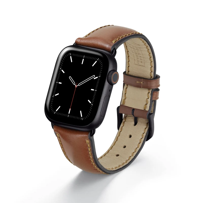 Apple Watch 1-9 Uhrenarmband Solstice von Happel, Shell Cordovan Leder, handgefertigt, Cognac