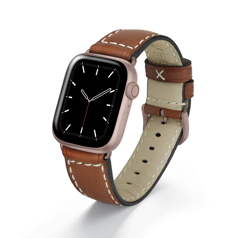 Apple Watch 1-9 Uhrenarmband Atlas von Happel, Juchtenleder, vegetabil gegerbt, Cognac