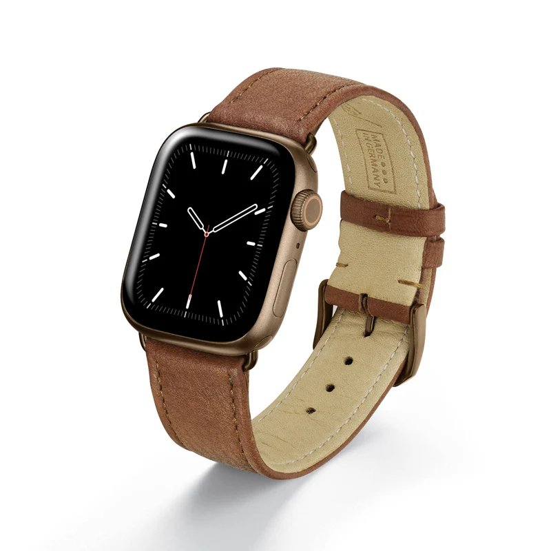 Apple Watch 1-9 Uhrenarmband AuroraEco von Happel, Bioleder, handgefertigt, Cognac