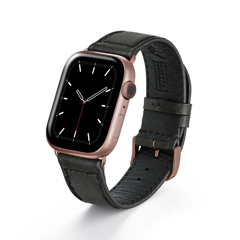 Apple Watch Uhrenarmband EcoChic von Happel, Rindsleder, handgefertigt, wasserfest, Schwarz