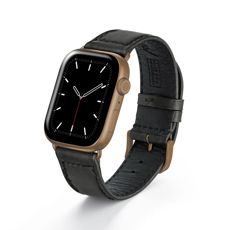 Apple Watch Uhrenarmband EcoChic von Happel, Rindsleder, handgefertigt, wasserfest, Schwarz
