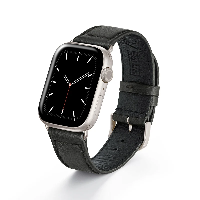 Apple Watch Uhrenarmband EcoChic von Happel, Rindsleder, handgefertigt, wasserfest, Schwarz