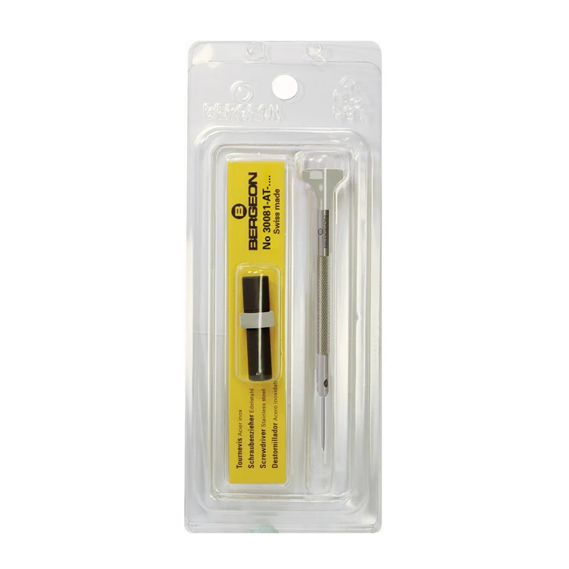 Bergeon Schraubendreher 30081-AT-140, aus Inox, mit Edelstahlklinge, 1,4 mm, mit 2 Ersatzklingen