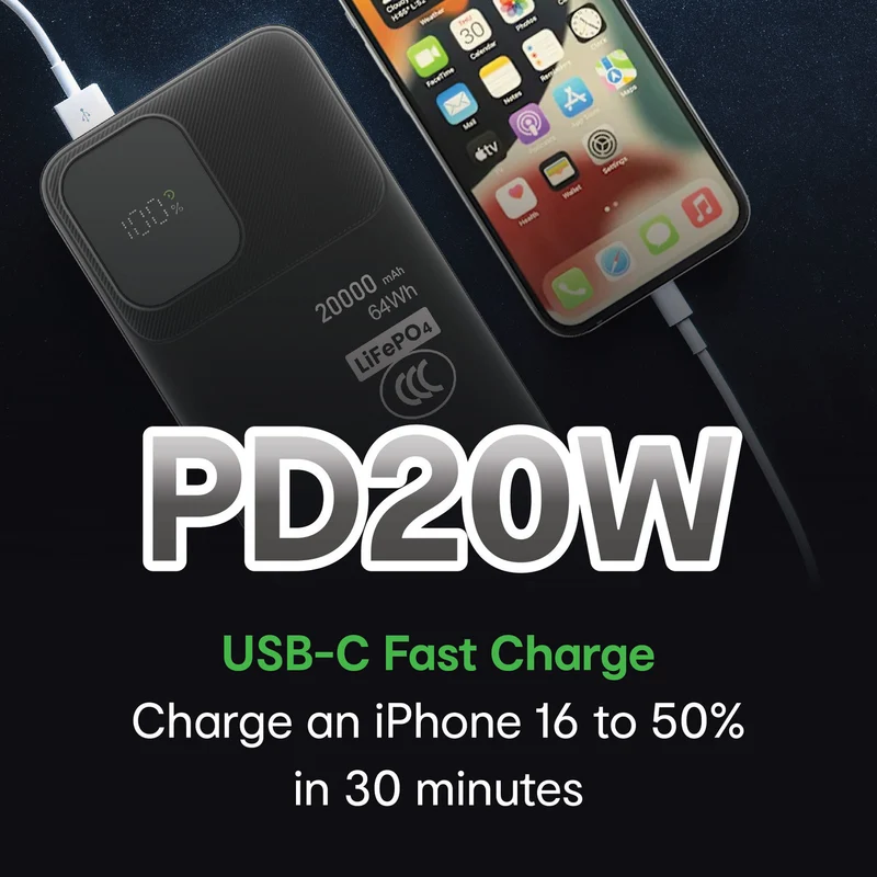 Laser 20000mAh LiFePO4 Powerbank 20W USB-C PD (Green)