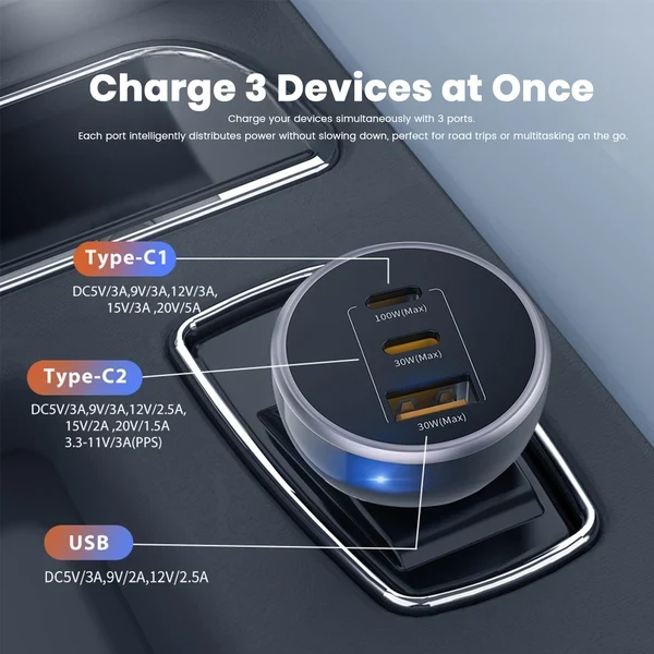 ZLOS 160W 3-Port Fast Car Charger Cigarette Lighter Adapter (2 USB-C & 1 USB-A Ports)