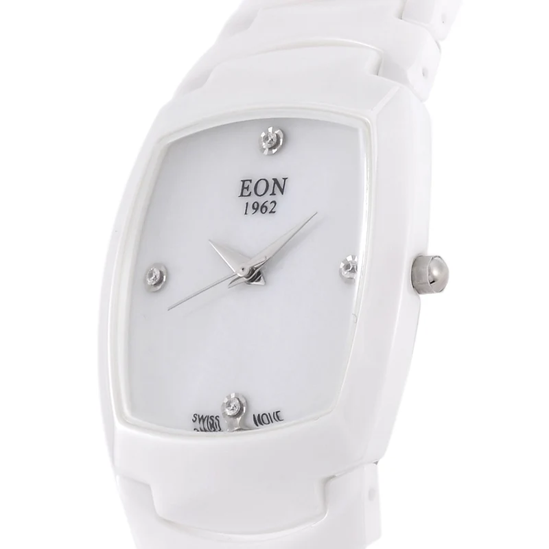 EON 1962 Moissanit Uhr mit schweizer Uhrwerk, Keramikarmband und Perlmutt Ziffernblatt, 19 cm