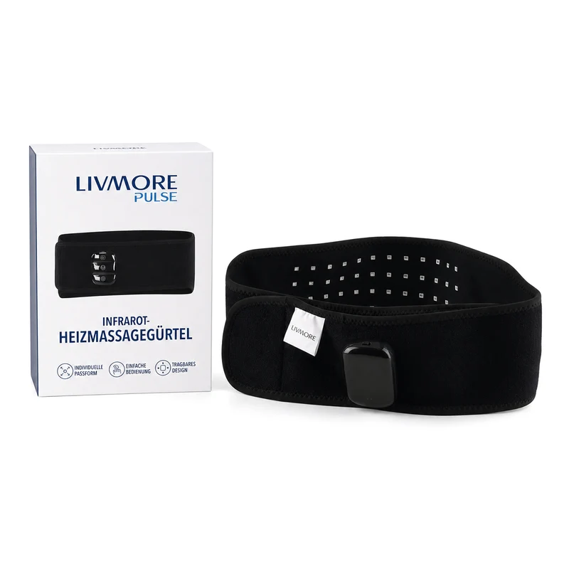 LIVMORE Infrarot-Heiz- und Vibrationsmassagegürtel, 118x14,5cm, wiederaufladbarer Akku mit 2500 mAh, Schwarz