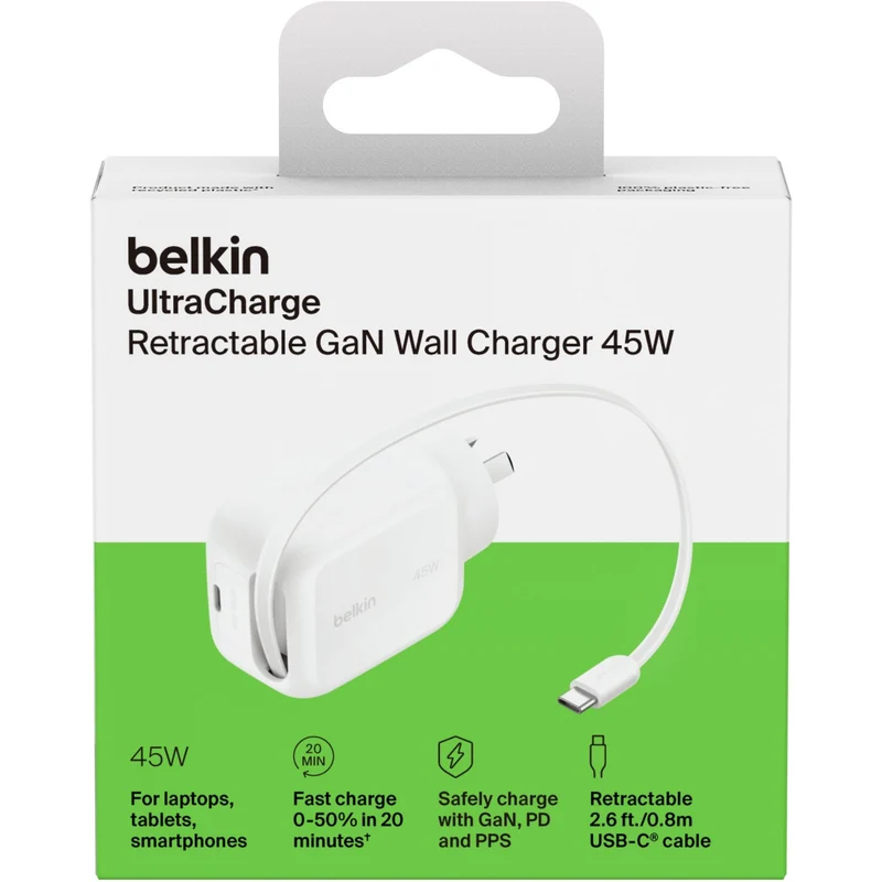 Belkin UltraCharge Retractable GaN Wall Charger 45W