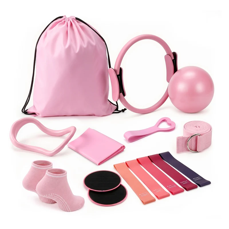 Everfit Pilates Ring Set for Women, 15pcs Home Workout Pilates Equipment Pink