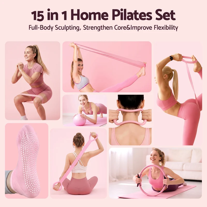 Everfit Pilates Ring Set for Women, 15pcs Home Workout Pilates Equipment Pink