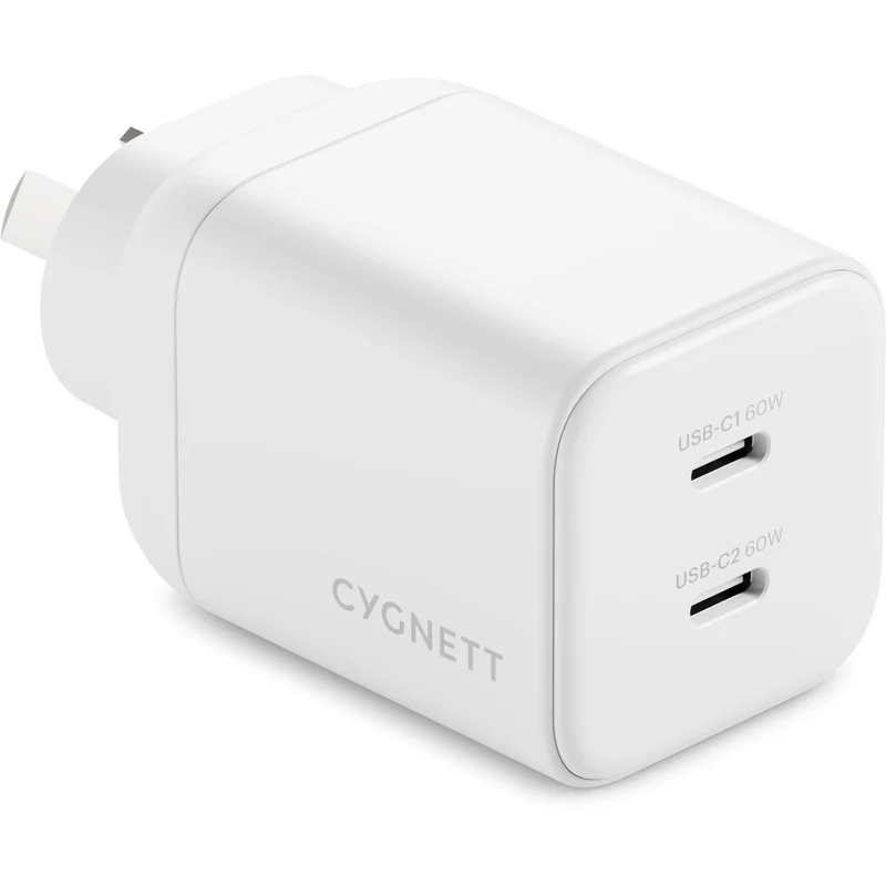 Cygnett Charge & Connect 60W Dual USB-C Wall Charger with 1m C-C Cable (White)