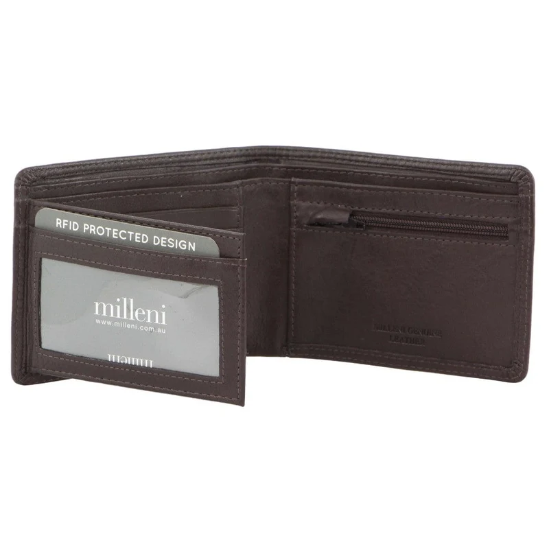Milleni Men's Leather Card/Cash RFID Protected Tab Wallet 11cm Brown