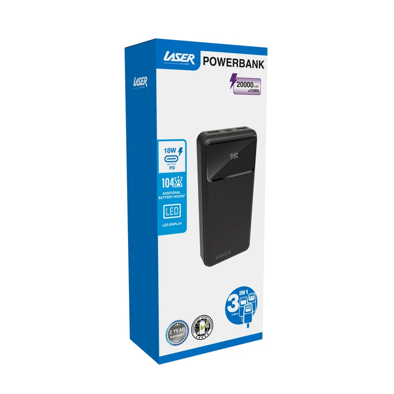 Laser 20000mAh Powerbank 18W PD with LED Indicator (Black)