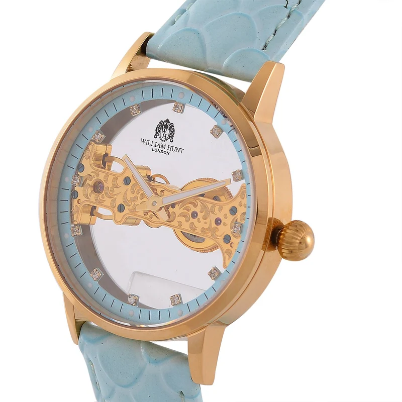 William Hunt Automatik-Uhr, Edelstahlgehäuse, Hohles Zifferblatt mit weißen Kristallen, rosa Lederarmband, 5ATM wasserdicht