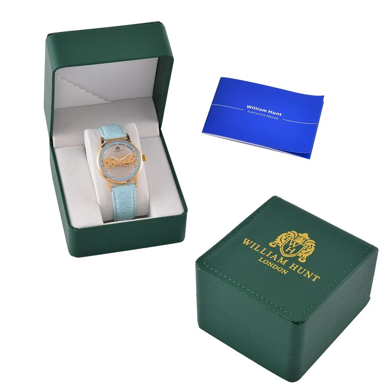 William Hunt Automatik-Uhr, Edelstahlgehäuse, Hohles Zifferblatt mit weißen Kristallen, rosa Lederarmband, 5ATM wasserdicht