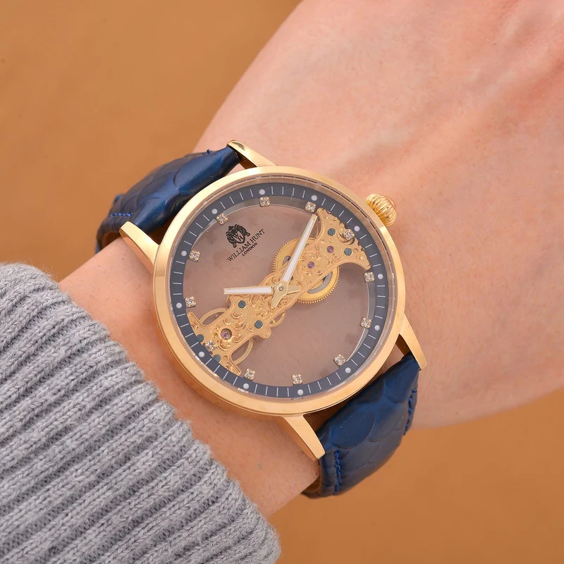 William Hunt Automatik-Uhr, Edelstahlgehäuse, Hohles Zifferblatt mit weißen Kristallen, rosa Lederarmband, 5ATM wasserdicht