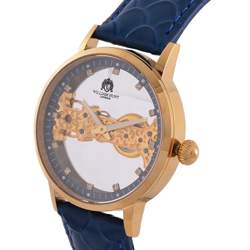 William Hunt Automatik-Uhr, Edelstahlgehäuse, Hohles Zifferblatt mit weißen Kristallen, rosa Lederarmband, 5ATM wasserdicht