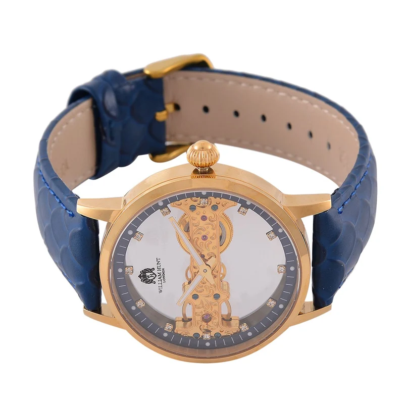 William Hunt Automatik-Uhr, Edelstahlgehäuse, Hohles Zifferblatt mit weißen Kristallen, rosa Lederarmband, 5ATM wasserdicht