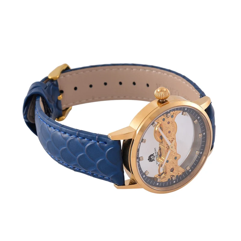 William Hunt Automatik-Uhr, Edelstahlgehäuse, Hohles Zifferblatt mit weißen Kristallen, rosa Lederarmband, 5ATM wasserdicht