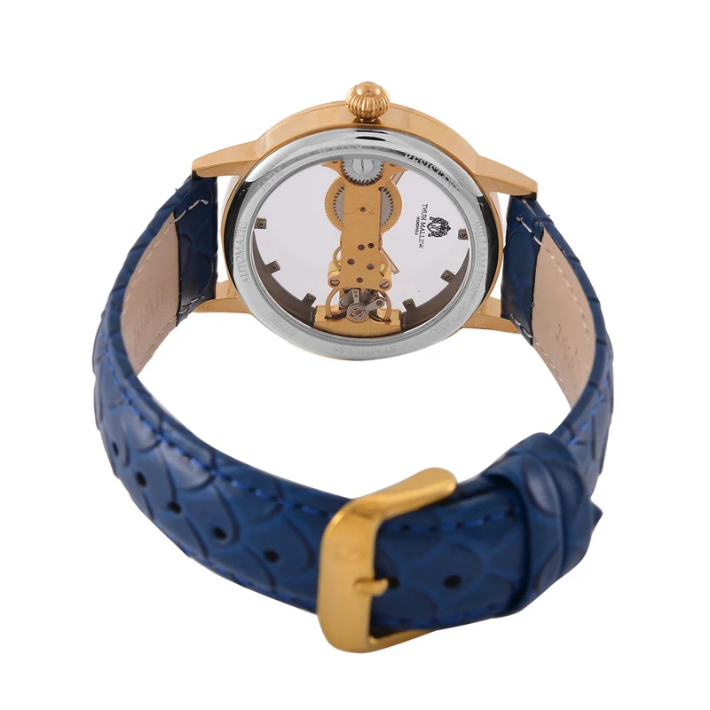 William Hunt Automatik-Uhr, Edelstahlgehäuse, Hohles Zifferblatt mit weißen Kristallen, rosa Lederarmband, 5ATM wasserdicht