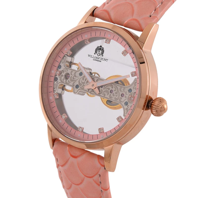 William Hunt Automatik-Uhr, Edelstahlgehäuse, Hohles Zifferblatt mit weißen Kristallen, rosa Lederarmband, 5ATM wasserdicht
