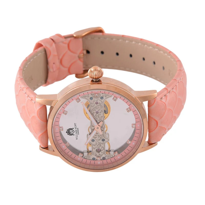 William Hunt Automatik-Uhr, Edelstahlgehäuse, Hohles Zifferblatt mit weißen Kristallen, rosa Lederarmband, 5ATM wasserdicht