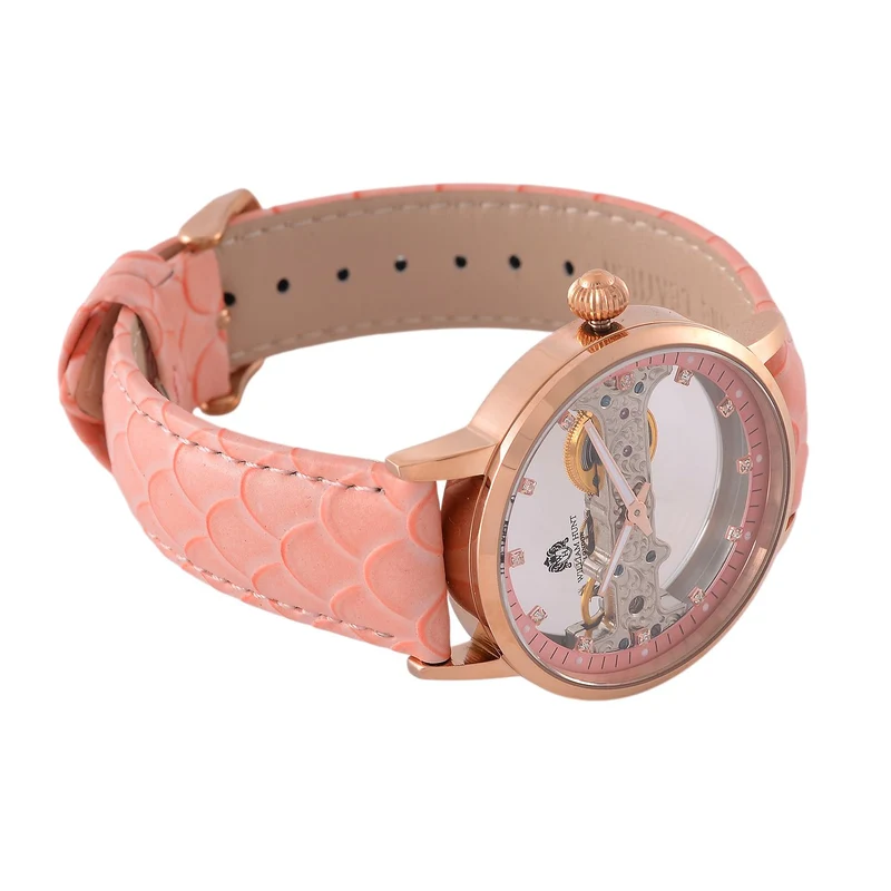 William Hunt Automatik-Uhr, Edelstahlgehäuse, Hohles Zifferblatt mit weißen Kristallen, rosa Lederarmband, 5ATM wasserdicht