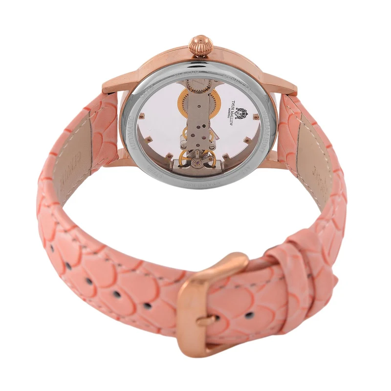 William Hunt Automatik-Uhr, Edelstahlgehäuse, Hohles Zifferblatt mit weißen Kristallen, rosa Lederarmband, 5ATM wasserdicht