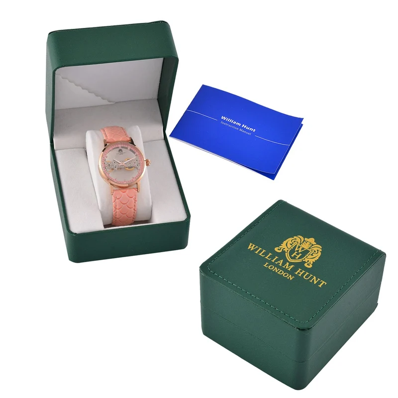 William Hunt Automatik-Uhr, Edelstahlgehäuse, Hohles Zifferblatt mit weißen Kristallen, rosa Lederarmband, 5ATM wasserdicht