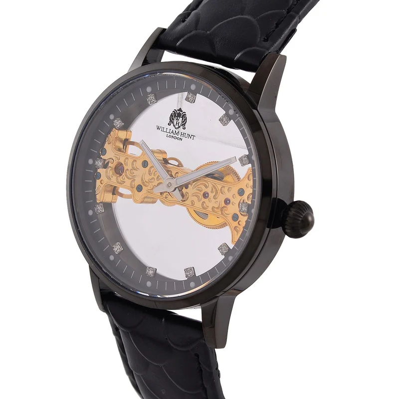 William Hunt Automatik-Uhr, Edelstahlgehäuse, Hohles Zifferblatt mit weißen Kristallen, rosa Lederarmband, 5ATM wasserdicht