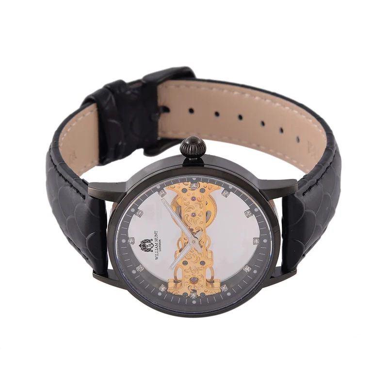 William Hunt Automatik-Uhr, Edelstahlgehäuse, Hohles Zifferblatt mit weißen Kristallen, rosa Lederarmband, 5ATM wasserdicht