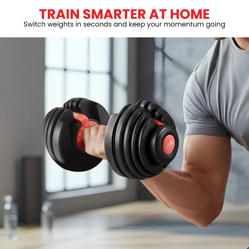 Powertrain 24kg Adjustable Dumbbell Home Gym Exercise Weights Free Workout (Red)