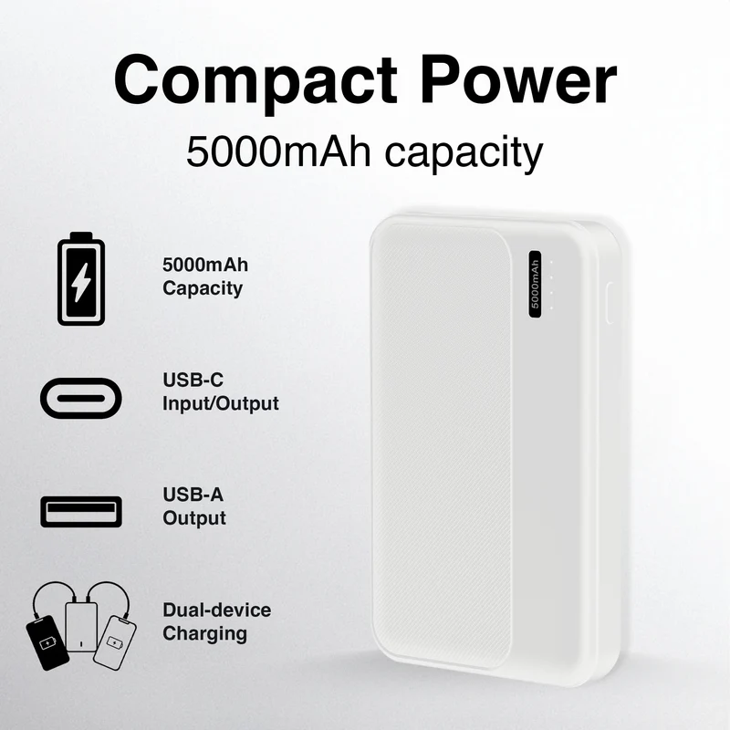 Laser Slim 5000mAh Power Bank with LED Indicator (White)