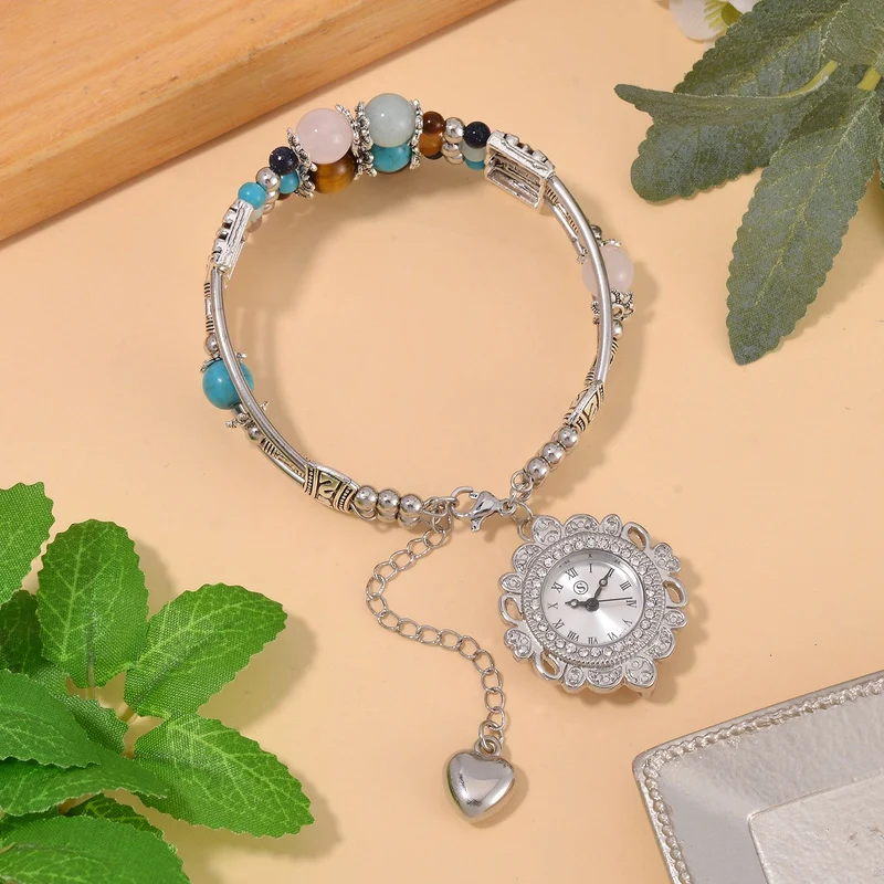 STRADA - Gelbes Tigerauge verstellbare Perlenarmbanduhr mit Legierungsgehäuse und japanischem Uhrwerk, 17-21 cm, Reiner Edelstahl